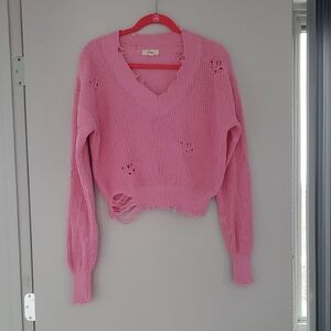 Elan Pink V-Neck Distressed Sweater
